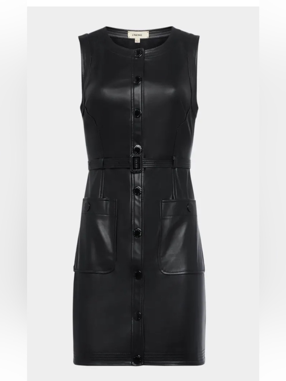 L’Agence Ronin Sleeveless Black Faux Vegan Leather Button-Front mini Dress 2